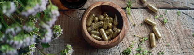 Photo huile de cbd et capsules bol en bois avec des bourgeons