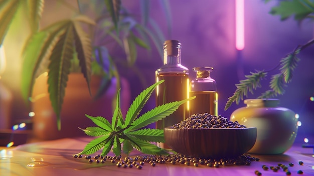 L'huile de CBD Concept de cannabis médical Lumière au néon à la mode