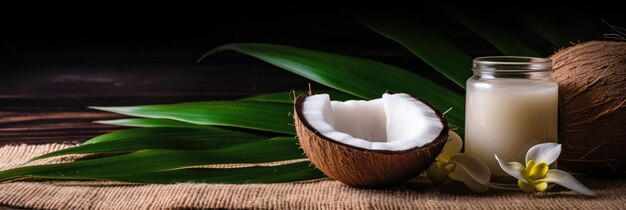 huile de coco dans un pot de noix de coco entière et fleur de frangipani sur le fond de feuilles vertes vibrantes