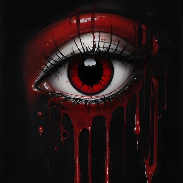Photo huile dessinant un œil qui pleure du sang prélevé sur un fond noir vierge ai