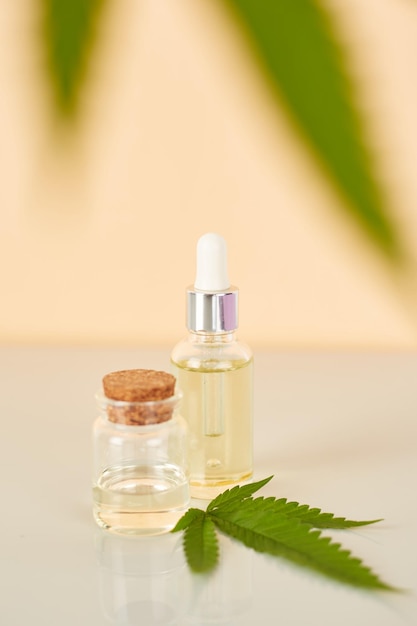 Huile essentielle de cannabis Extrait d'huile de CBD en flacon compte-gouttes avec feuille verte de cannabis Marijuana Marijuana médicale Plante médicinale Espace pour le texte