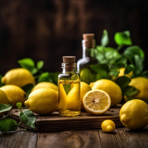 Huile essentielle de citron ai générative et fruit de citron sur fond de bois