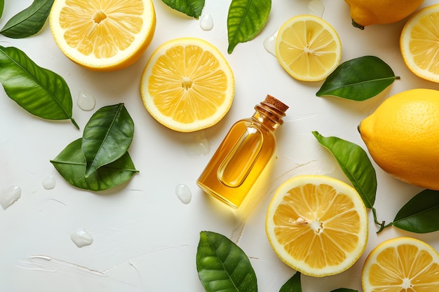 Huile essentielle de citron d'élégance jaune dans une bouteille d'aromathérapie IA générative