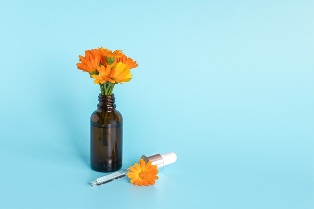 Huile essentielle dans un flacon compte-gouttes brun ouvert avec une pipette en verre couché et un calendula à la fleur d'oranger.