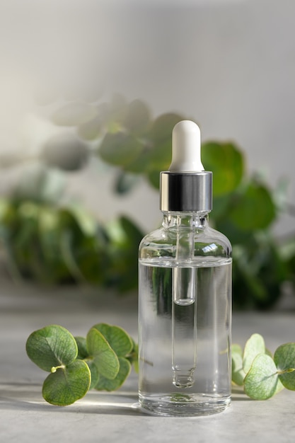 Huile essentielle dans un flacon compte-gouttes en verre, sérum hyaluronique hydratant à l'extrait d'eucalyptus, soins de la peau et cosmétiques médicaux naturels alternatifs