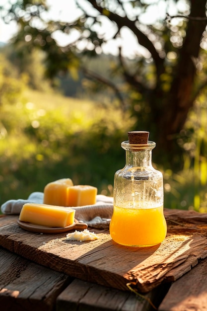 Photo huile ghi sur une table dans le jardin focus sélectif