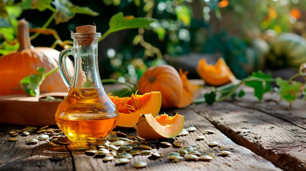 Huile de graines de citrouille sur une table dans le jardin Focus sélectif