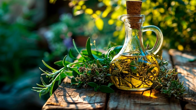 Huile d'herbes provençales sur une table dans le jardin Focus sélectif