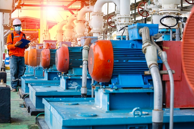 Huile moteur de la pompe d'inspection des travailleurs masculins dans les longs tuyaux en acier et le coude de tuyau dans l'usine d'huile de la station pendant la vanne de raffinerie du pipeline d'enregistrement de contrôle visuel