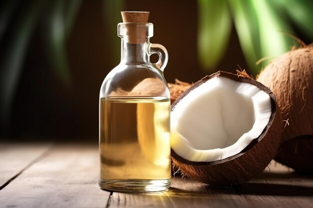 Huile de noix de coco dans une bouteille d'huile sur fond de table en bois rustique