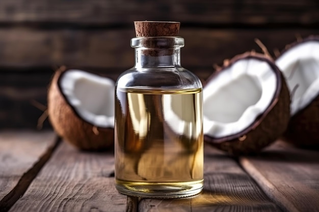 Photo huile de noix de coco dans une bouteille d'huile sur fond de table en bois rustique