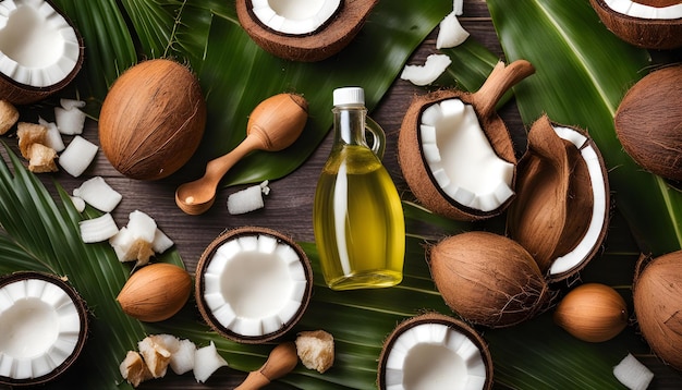 huile de noix de coco avec de l'huile de coco et des noix de Coco sur un fond en bois