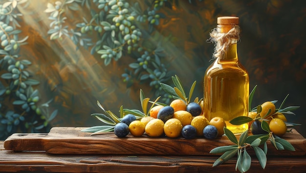 L'huile d'olive et les baies sont sur la table en bois sous l'olivier.