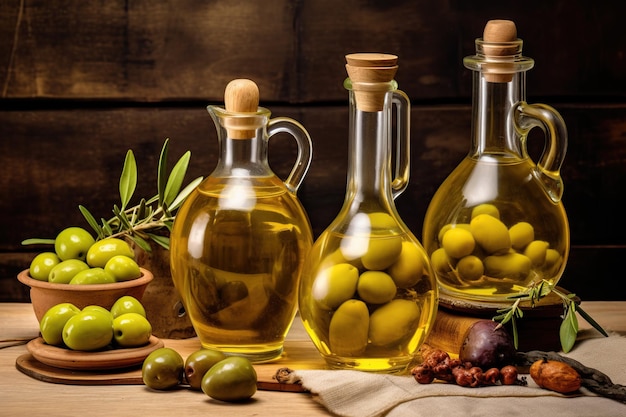 Huile d'olive en bouteille avec des olives noires et vertesGénérée avec l'IA