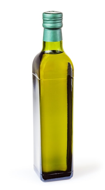 L'huile d'olive en bouteille de verre isolé sur fond blanc avec un tracé de détourage