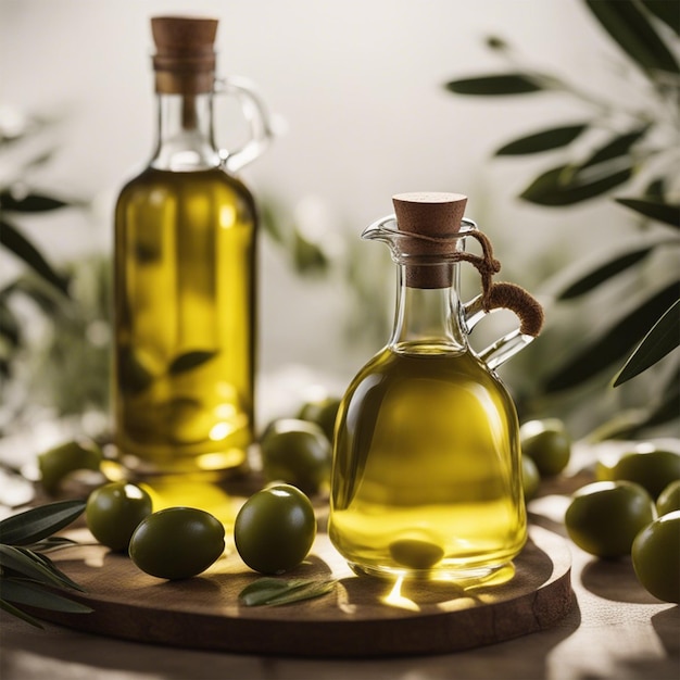 Huile d'olive et branches d'olives sur table en bois