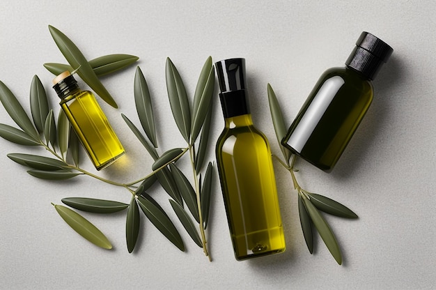 L'huile d'olive brillante et les cosmétiques à base de plantes sont magnifiquement présentés dans une bouteille de verre élégante