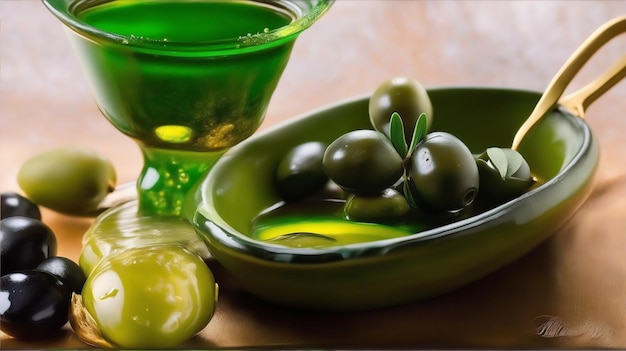 l'huile d'olive créant un contraste saisissant avec l'eau émeraude