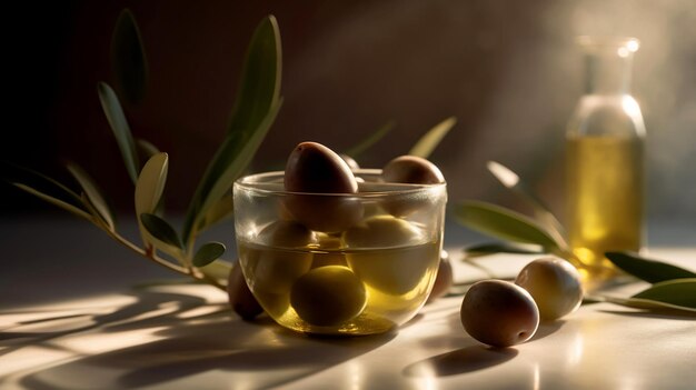 Huile d'olive dans un petit bol en verre avec olives et branche d'olivier à l'ombre douce Generative AI