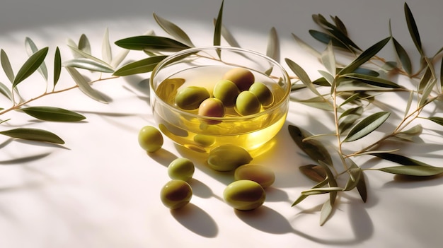 Huile d'olive dans un petit pot avec olives et branche d'olivier à l'ombre douce Generative AI