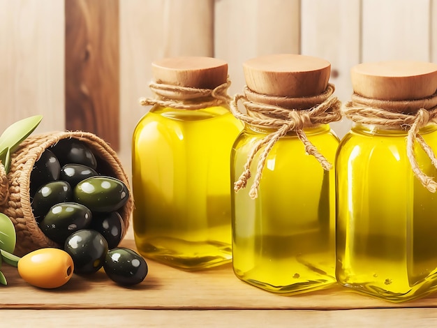 Photo huile d'olive exposée dans des jarres avec des olives sur un fond en bois