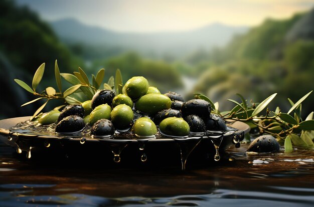 Photo huile d'olive et feuilles d'olive créées avec l'ia générative