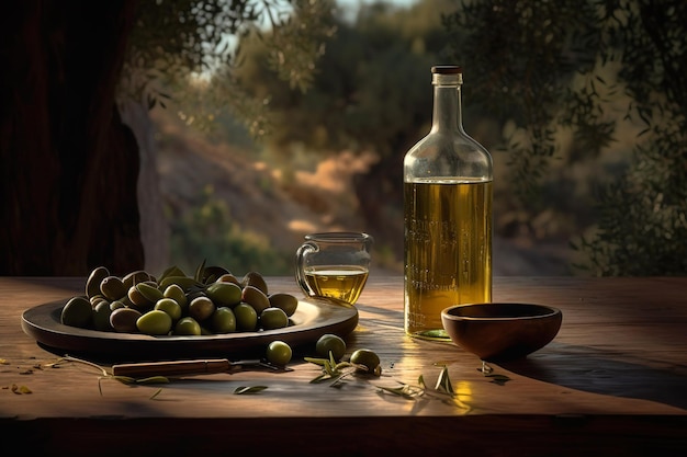 Huile d'olive sur fond d'oliveraie ai générative