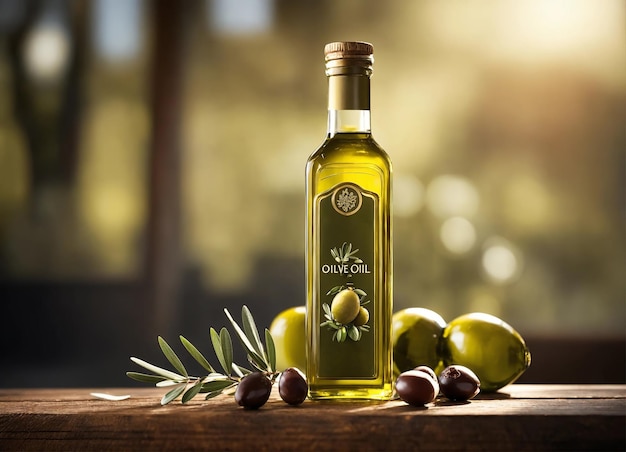 Huile d'olive fraîchement pressée sur une table en bois