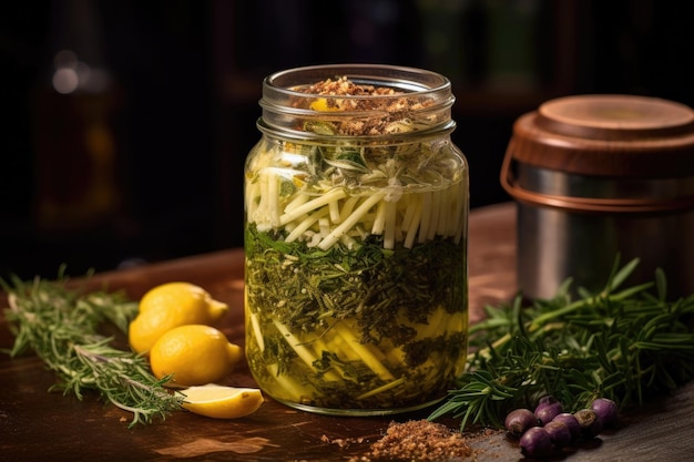 Huile d'olive avec des herbes et des épices infusées dans un pot créé avec de l'aï génératif