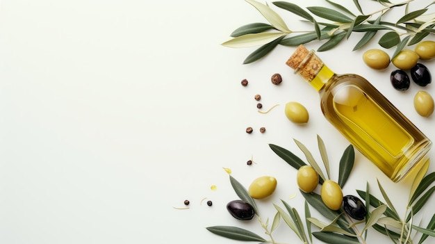 Huile d'olive et olives sur fond blanc