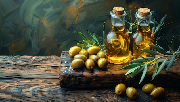 Huile d'olive et olives sur la table en bois