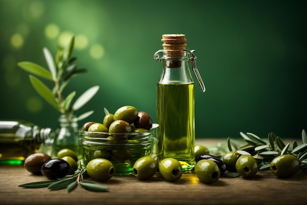 Huile d'olive et olives vertes sur fond vert