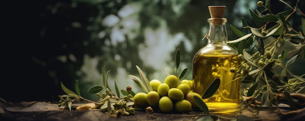 Huile d'olive et olives vertes sur une table en bois