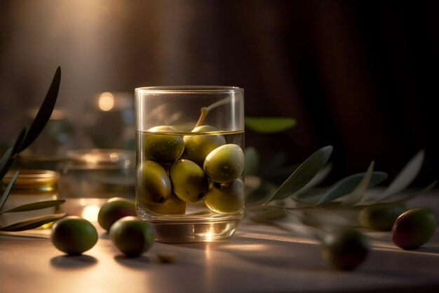 Huile d'olive en petit verre avec olives et branche d'olivier à l'ombre douce Generative AI