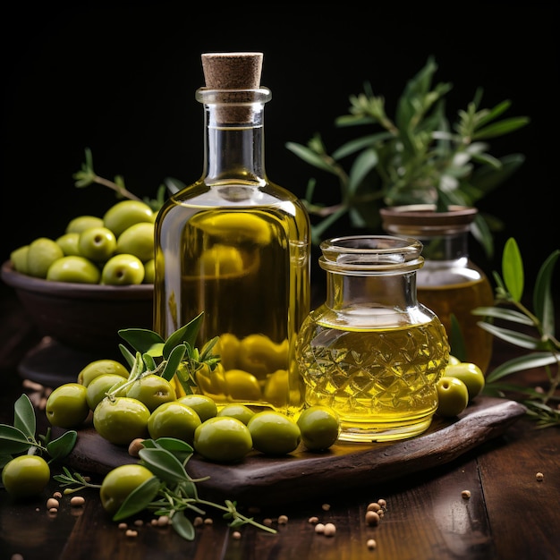 Huile d'olive pure dans une bouteille de verre sur une table en bois Essence culinaire