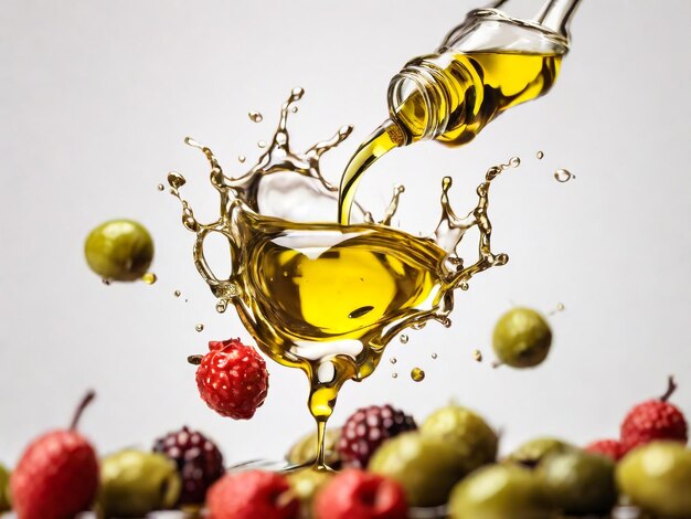 Photo huile d'olive s'écoulant des fruits isolés sur un fond blanc