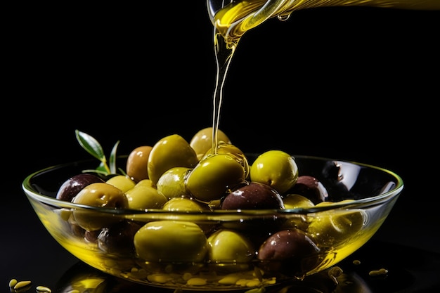 huile d'olive versée sur des olives fraîches sur un fond noir généré par ai