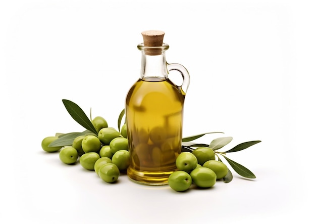 Huile d'olive vierge en bouteille de verre avec des olives vertes mûres sur fond blancAI Generative