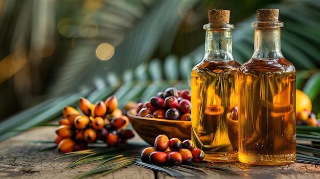 Photo huile de palme dans des bouteilles en verre l'huile de palmue peut également être produite sous forme de biodiesel