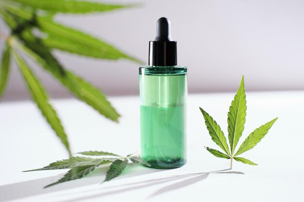 Huile pour le visage CBD à base d'extrait de cannabis pour un traitement naturel de la peau concept de traitement cosmétique naturel à base de plantes feuilles de marijuana