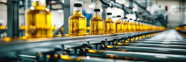 Huile de tournesol en bouteille d'or sur la ligne de production dans des récipients en plastique beauté industrielle liquide jaune