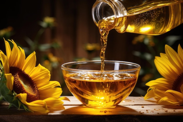 De l'huile de tournesol versée d'une bouteille dans un bol