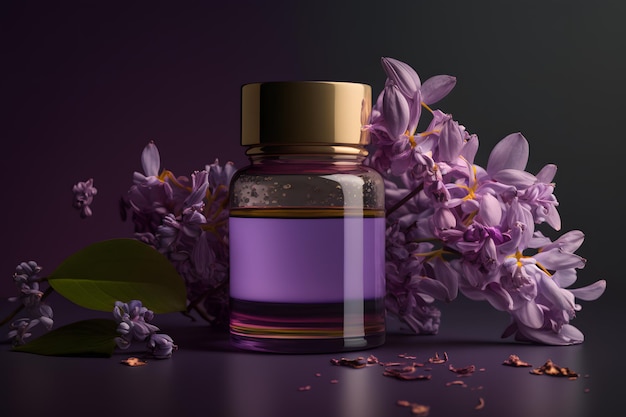 Huile unique et aromatique pour les soins du corps. Photographie de produits de fleurs de lilas