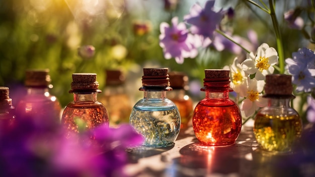 Photo huiles d'aromathérapie au milieu de fleurs fraîches capturant une ambiance printanière paisible