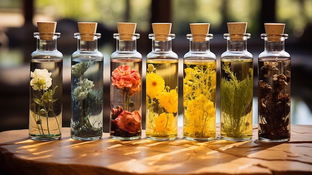 Photo huiles aromatiques pour le massage et la médecine bouteilles en verre avec de l'huile et des fleurs à l'intérieur generative ai