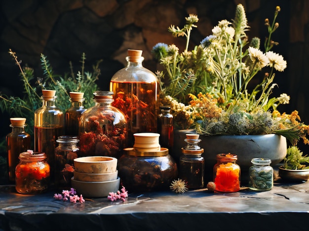 huiles essentielles et ingrédients dans divers bocaux sur une table en marbre