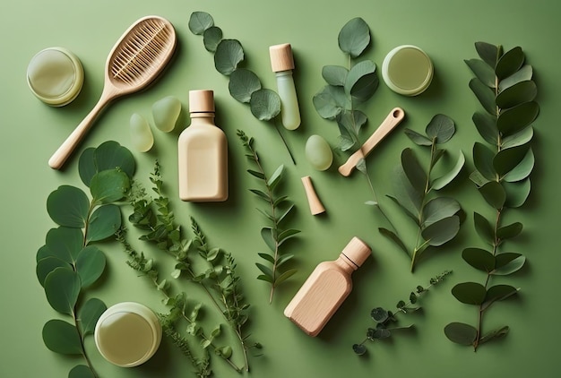 Huiles essentielles et pinceaux de massage aux feuilles d'eucalyptus naturelles sur fond vert
