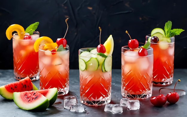 Huit cocktails alcoolisés avec des tranches d'orange, de la glace, des tranches de pastèque, des cerises, des poires et des concombres.