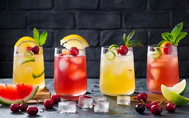 Huit cocktails alcoolisés avec des tranches d'orange, de la glace, des tranches de pastèque, des cerises, des poires et des concombres.