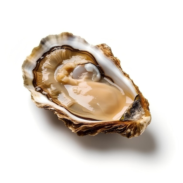 Une huître avec une perle blanche à l'intérieur est représentée sur un fond blanc.